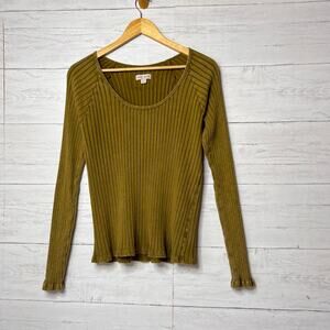 Knox Rose Top Womens Size Large Olive Green Gold Ribbed Long Sleeve Cotton Blend